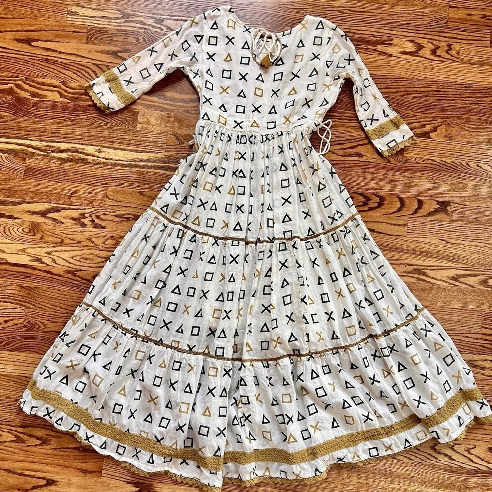 Embroidered White 3/4 Sleeve Maxi Dress Gold Trim & Tassel Details Sz S
